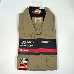 NWT Dickies Long Sleeve Twill Work Shirt Mens 2XL Tall Khaki Original Easy Care